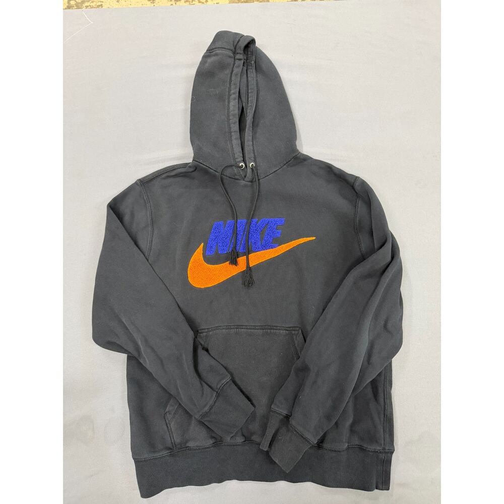 Nike Men's Club Fleece Pullover Hoodie Black Orange Size M Fuzzy Spell Out Logo